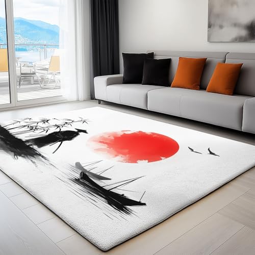 Generisch Teppich Wohnzimmer Japanischer Samurai-Stil Bambusboot 90 x 150 cm Flanel Teppich, für Küche Esszimmer und Schlafzimmer Fußmatte, Weiß Kurzflor Teppiche Extra Weich Pflegeleicht von Generisch
