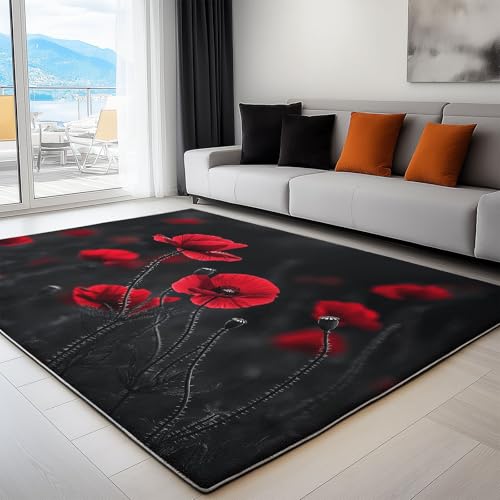 Generisch Teppich Wohnzimmer Mohnblüte Rot, Rutschfester Kurzflor Teppich Schlafzimmer 120x170 cm Flauschig Waschbar Pflegeleicht Weich Türmatte, Schwarz von Generisch