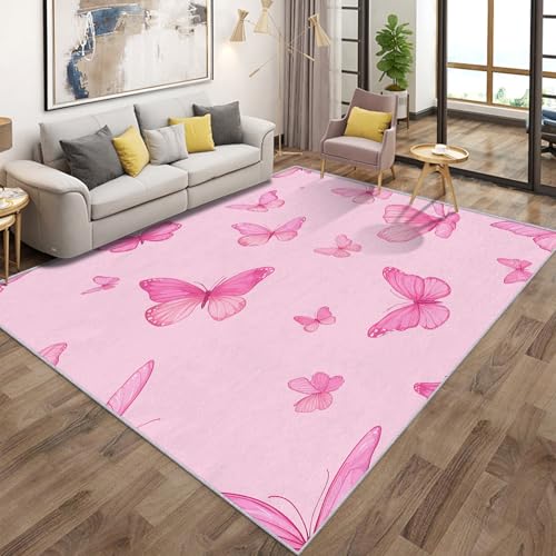 Generisch Teppich Wohnzimmer Rosa Schmetterling, Niedlich Mädchen Kawaii Prinzessin Teppich Kinderzimmer rutschfest Flanell, Bettvorleger Kurzflor Waschbarer Schlafzimmer, Kinderteppich 140x200cm von Generisch
