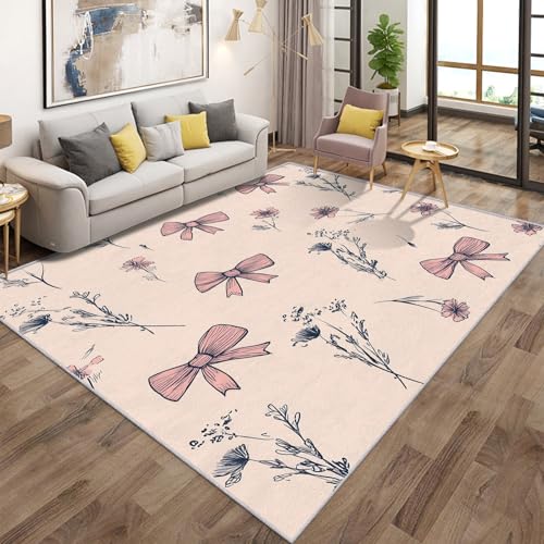 Generisch Teppich Wohnzimmer Schleife Rosa, Blumen Mädchen Schleife Teppich Kinderzimmer rutschfest Flanell, Bettvorleger Kurzflor Waschbarer Schlafzimmer, Kinderteppich 240x340cm von Generisch