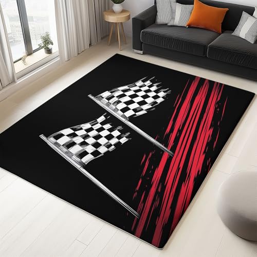 Generisch Teppich Wohnzimmer Schwarz Weiß Karierte Flagge 80x150cm Schlafzimmer rutschfest Kurzflor Teppich, Modernes Waschbar Design, Weich langlebig und Pflegeleicht von Generisch