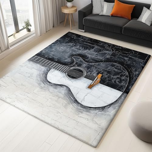 Generisch Teppich Wohnzimmer Schwarz Weißes Instrument Gitarre 180x240cm Schlafzimmer rutschfest Kurzflor Teppich, Modernes Waschbar Design, Weich langlebig und Pflegeleicht von Generisch