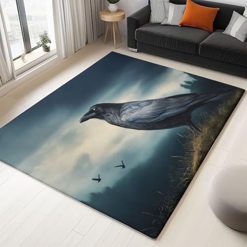 Generisch Teppich Wohnzimmer Waschbar Kurzflor Flauschiger Rutschfester Teppich, für Schlafzimmer Esszimmer Flur Weich Langlebig fussmatte Alter Wald Fantasie Rabe - Grau 180x240 cm von Generisch