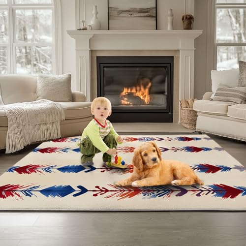 Generisch Teppich Wohnzimmer Waschbarer Böhmischer Horizontaler Streifenpfeil 80 x 150 cm Kurzflor-Teppich – Weich, Rutschfestes Design Creme, für Schlafzimmer Esszimmer Küchen von Generisch