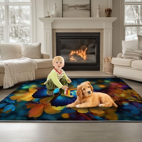 Generisch Teppich Wohnzimmer Waschbarer Fantasie Leuchtender Schmetterling 120 x 180 cm Kurzflor-Teppich – Weich, Rutschfestes Design Farbe, für Schlafzimmer Esszimmer Küchen von Generisch