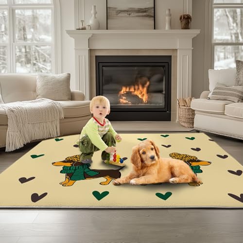 Generisch Teppich Wohnzimmer Waschbarer Minimalistisches Hundeherzmuster 80 x 150 cm Kurzflor-Teppich – Weich, Rutschfestes Design Beige, für Schlafzimmer Esszimmer Küchen von Generisch