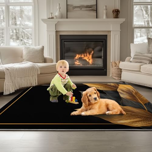 Generisch Teppich Wohnzimmer Waschbarer Pflanzenblatt-Randmuster 160 x 230 cm Kurzflor-Teppich – Weich, Rutschfestes Design Schwarz, für Schlafzimmer Esszimmer Küchen von Generisch
