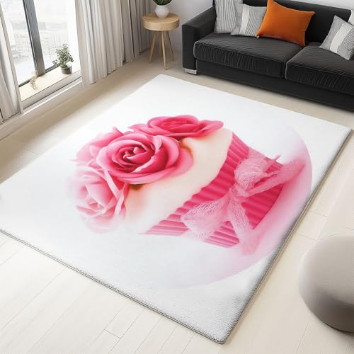 Generisch Teppich Wohnzimmer Waschbarer Rosa Rosenkuchen 80x150 cm Weicher Anti-Rutsch Kurzflor Teppiche, Mode 3D-Druck Carpet für Schlafzimmer, Esszimmer, Kinderspielzimmer von Generisch
