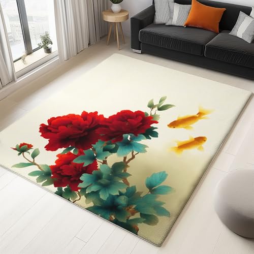 Generisch Teppich Wohnzimmer Waschbarer Tuschemalerei Stil Blumen Koi - Kurzflor Teppich Beige in Waschmaschine rutschfest - für Wohnzimmer Schlafzimmer Kinderzimmer, Sofa, Größe 80 x 150 cm von Generisch
