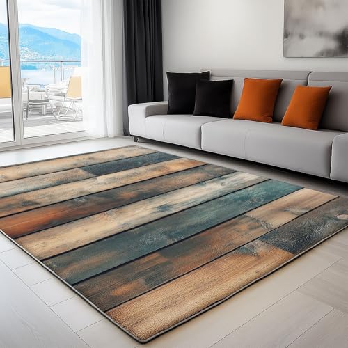 Generisch Teppich Wohnzimmer Waschbarer Vintage Holzplankenstruktur 180 x 240 cm Kurzflor-Teppich – Weich, Rutschfestes Design Khaki, für Schlafzimmer Esszimmer Küchen von Generisch
