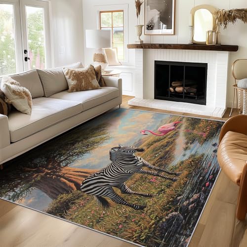 Generisch Teppich Zebra Flamingo, 60x90, Klein Fußmatte Eingangsbereich, Wildtier Motiv Design Zimmer Deko, Waschbar, rutschfest, Kurzflor, Weich von Generisch