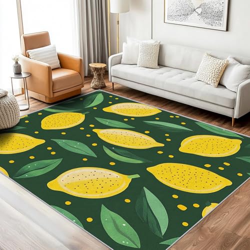 Generisch Teppich Zitrone Blätter Wohnzimmer 160x200 Waschbar, Frucht Sommer Thema Spaß Teppiche Gegend Schlafzimmer Deko & Wohnaccessoires, Kurzflor, Weich, rutschfest von Generisch