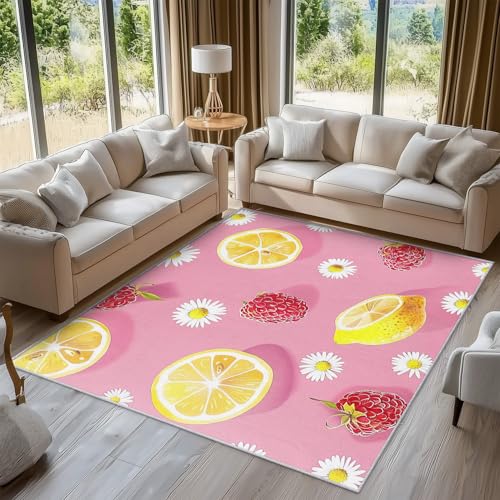 Generisch Teppich Zitrone Himbeere Wohnzimmerteppich 180x240 cm, Niedliche Obst Mädchen Deko für Schlafzimmer, Waschbarer, Weicher, Rutschfester Großer Teppich C&J42 von Generisch