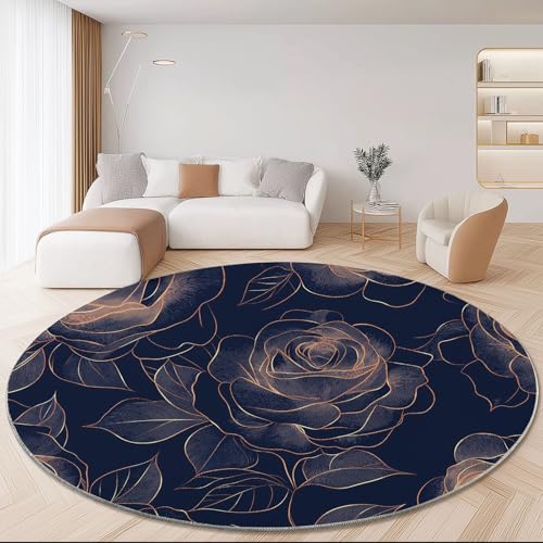 Generisch Teppiche Runde Waschbarer Blumen Rosen Strichzeichnung Thema, Kupfer Muster Rutschfester Runder Teppich für Schlafzimmer Kinderzimmer Büro Korridor, Pflegeleicht Runde Teppich 180 cm von Generisch