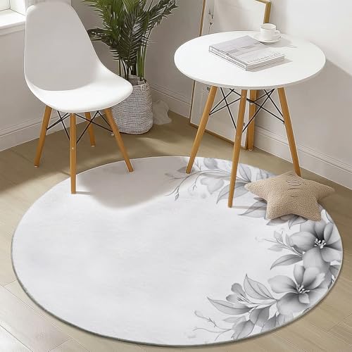 Generisch Teppiche Runde Waschbarer Elegant Blumen Linienkunst Thema, Weiß Muster Rutschfester Runder Teppich für Schlafzimmer Kinderzimmer Büro Korridor, Pflegeleicht Runde Teppich 120 cm von Generisch
