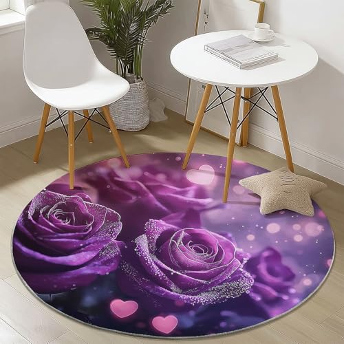 Generisch Teppiche Runde Waschbarer Romantik Blumen Herz Rose Thema, Lila Muster Rutschfester Runder Teppich für Schlafzimmer Kinderzimmer Büro Korridor, Pflegeleicht Runde Teppich 100 cm von Generisch