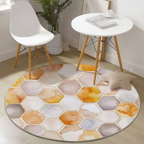 Generisch Teppiche für Wohnzimmer Rund, Aquarell Wabensechseck Drucken Teppich Schlafzimmer Groß Flanell Flauschig Weich rutschfest Fußmatte Waschbar für Kinderzimmer, Durchmesser 180 cm, Grau Orange von Generisch