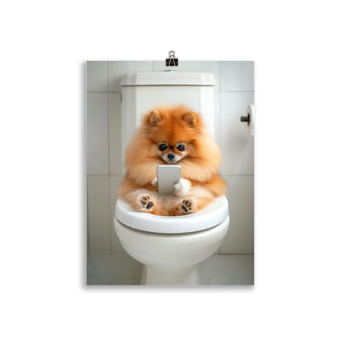 Generisch Tiere auf dem Klo - Hunde Zwergspitz Toiletten-Bild, Klo-Poster, Deko fürs Badezimmer oder Gäste-WC, Lustig, Ungerahmt von Generisch