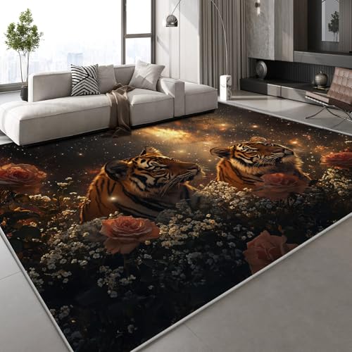 Generisch Tiger Blumen Teppich Kinderteppich Modern 3D Sternenhimmel Verträumt Teppich Kinderzimmer Kurzflor Teppiche rutschfeste Spielteppiche für Schlafzimmer Wohnzimmer Zimmer 150x210 cm von Generisch