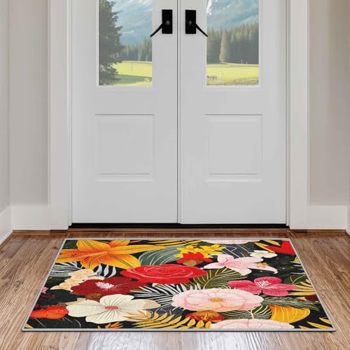 Generisch Tropische Blumen Teppiche Hibiskus Motiv Teppich 140x200 cm Waschbarer Exotisches Teppich Für Kinderzimmer Wohnzimmer kurzflor Carpet Dekoration von Generisch