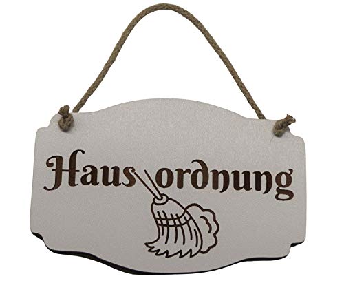 Generisch Türschild Hausordnung weiß Weiss Vintage Holz Holzschild Türschild Deko Hanfkordel Kordel Schild HDF Kehrdienst von Generisch