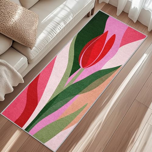 Generisch Tulpe Flower Teppich Läufer, Abstrakt Blumen Blätter Teppich Läufer Flur, 80 x 350 cm Küchenteppich Waschbar Rutschfester Teppiche Für Waschküche Balkon kurzflor Teppiche von Generisch