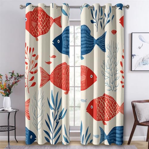Generisch Verdunklungsvorhänge Fisch, Vorhänge Japanische Algen für Schlafzimmer Wohnzimmer Deko, Gardinen mit Ösen 137 X 117 cm (H x B), 2er Set Vorhang Blickdicht X&-47 von Generisch