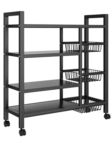 Generisch Verstellbare 4-stöckige Küchenregale mit 3 Drahtkörben, Küchenorganizer und -aufbewahrung, Metallregal mit Rädern, mobiler Mehrzweckwagen(Black,90x32cm) von Generisch
