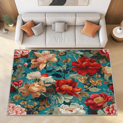 Generisch Vintage Blumen Kurzflor Teppich Wohnzimmer 240x300 cm Blumenmuster Teppiche Waschbar Weich - Landhausstil Carpet Groß für Schlafzimmer und Esszimmer von Generisch