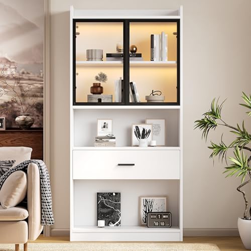Generisch Vitrine,Bücherregal,Mehrzweckschrank mit LED Beleuchtung.1 Große Schubladen,mit Glastüren und 4 Stauraum Schränken.für Küchen Wohnzimmer Schlafzimmer,Sammlervitrine.80×35.2×153.5cm,Weiß. Generisch Vitrine,Bücherregal,Mehrzweckschrank mit LED Beleuchtung.1 Große Schubladen,mit Glastüren und 4 Stauraum Schränken.für Küchen Wohnzimmer Schlafzimmer,Sammlervitrine.80×35.2×153.5cm,Weiß. von Generisch