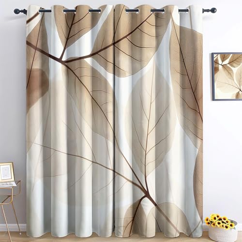 Blickdichte Vorhänge für Wohnzimmer H166 x B75 cm (2er Pack) Verdunkelungsvorhänge, Abstrakte Transparente Blätter Drucken Ösen Thermo Vorhang Schlafzimmer Kinderzimmer Küche Studie Braun von Generisch