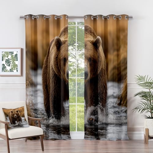 Generisch Vorhänge Bär - Hütte Wilde Tiere Fenster Gardinen mit Ösen, Vorhang Blickdicht Verdunklungsvorhänge Thermovorhang für Wohnzimmer Schlafzimmer Deko 2er Set, H 220 x B 140 cm I#-261 von Generisch