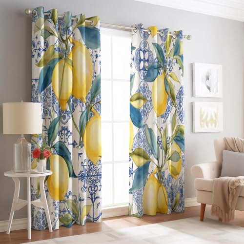 Generisch Vorhänge Blickdichte mit Ösen Gardinen 2er Set Zitrone Natur Zweige Verdunkelungsvorhang Gelb Thermovorhang Ösenvorhang Schiebevorhänge für Schlafzimmer Wohnzimmer 70 x 160 cm(B x H) von Generisch