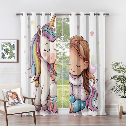Generisch Vorhänge Einhorn - Kinderzimmer Cartoon Fenster Gardinen mit Ösen, Vorhang Blickdicht Verdunklungsvorhänge Thermovorhang für Wohnzimmer Schlafzimmer Deko 2er Set, H 166 x B 75 cm J#-38 von Generisch
