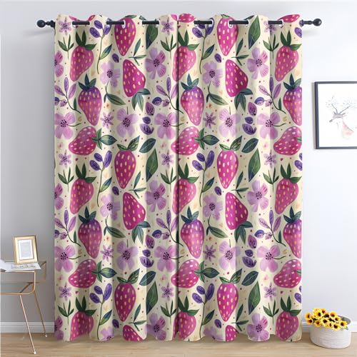 Generisch Vorhänge Erdbeere - Mädchen Floral Obst Fenster Gardinen mit Ösen, Vorhang Blickdicht Verdunklungsvorhänge Thermovorhang für Wohnzimmer Schlafzimmer Deko 2er Set, H 245 x B 140 cm I-#150 von Generisch