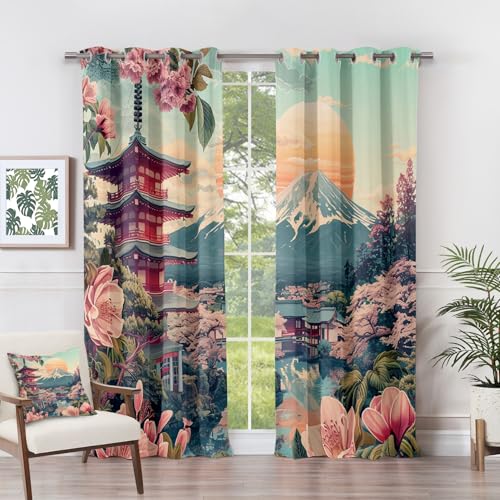 Generisch Vorhänge Japanische - Kirschblüten Landschaft Mount Fuji Fenster Gardinen mit Ösen, Vorhang Blickdicht Verdunklungsvorhänge Thermovorhang für Wohnzimmer Deko 2er Set, H 175 x B 140 cm L#-61 von Generisch