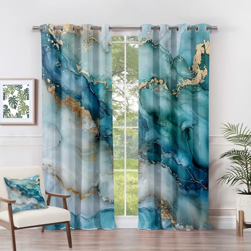 Generisch Vorhänge Marmor - Gold Blau Abstrakt Luxus Fenster Gardinen mit Ösen, Vorhang Blickdicht Verdunklungsvorhänge Thermovorhang für Wohnzimmer Schlafzimmer Deko 2er Set, H 137 x B 117 cm K#-310 von Generisch