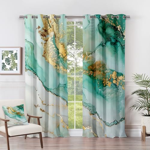 Generisch Vorhänge Marmor - Gold Grün Luxus Abstrakt Fenster Gardinen mit Ösen, Vorhang Blickdicht Verdunklungsvorhänge Thermovorhang für Wohnzimmer Schlafzimmer Deko 2er Set, H 300 x B 140 cm K#-308 von Generisch