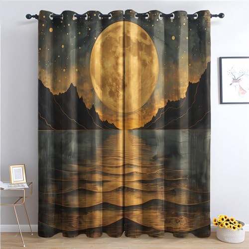 Generisch Vorhänge Mond - Abstrakt Landschaft Fenster Gardinen mit Ösen, Vorhang Blickdicht Verdunklungsvorhänge Thermovorhang für Wohnzimmer Schlafzimmer Deko 2er Set, H 137 x B 117 cm G-#204 von Generisch
