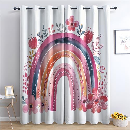 Generisch Vorhänge Regenbogen - Kinderzimmer Blumen Fenster Gardinen mit Ösen, Vorhang Blickdicht Verdunklungsvorhänge Thermovorhang für Wohnzimmer Schlafzimmer Deko 2er Set, H 166 x B 75 cm Q-#159 von Generisch