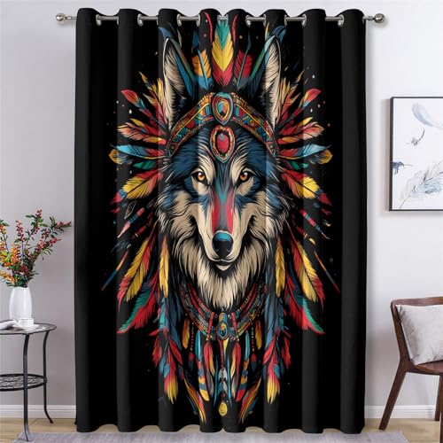 Generisch Vorhänge Wolf, Vorhang Blickdicht Indianer Amerikanischer Ureinwohner für Schlafzimmer, Verdunklungsvorhänge mit Ösen, Gardinen Wohnzimmer Deko, H166 X B75 cm, 2er Set X&-40 von Generisch