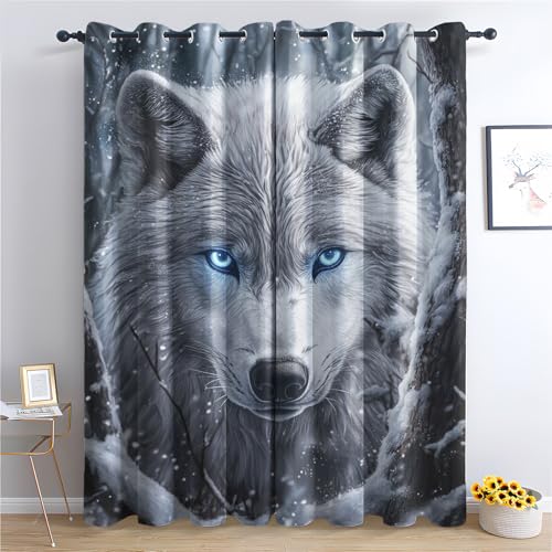 Generisch Vorhänge Wolf, Wildtier Vorhang Blickdicht mit Ösen, Gardinen Wohnzimmer Schlafzimmer Deko, Verdunklungsvorhänge, 2er Set Blackout Curtains, 245 x 140 cm (H x B) von Generisch