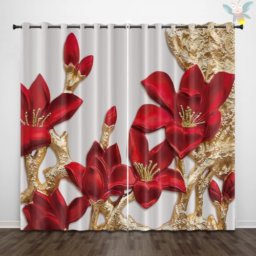 Generisch Vorhänge mit perforiertem Blickdicht 2er Set 280x300cm Goldenes Blumenmuster Schiebevorhänge Wunderschön Weich Thermal Curtains Blackout Vorhang für Kinderzimmer,Wohnzimmer,Schlafzimmer von Generisch