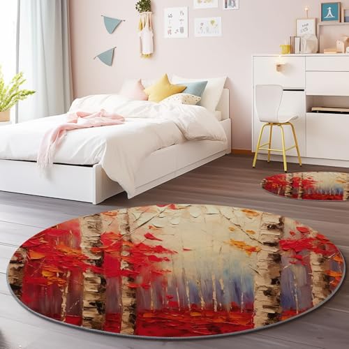 Generisch Waschbar Runder Teppich 150 cm - Herbst Wald Birken Thema rutschfest Runde Teppiche, Rot Flanell Kurzflor Bedruckter Teppich für Schlafzimmer Kinderzimmer Eingang von Generisch