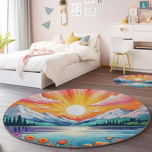 Generisch Waschbar Runder Teppich 150 cm - Natur Sonnenaufgang Berge Thema rutschfest Runde Teppiche, Blau Flanell Kurzflor Bedruckter Teppich für Schlafzimmer Kinderzimmer Eingang Generisch Waschbar Runder Teppich 150 cm - Natur Sonnenaufgang Berge Thema rutschfest Runde Teppiche, Blau Flanell Kurzflor Bedruckter Teppich für Schlafzimmer Kinderzimmer Eingang von Generisch