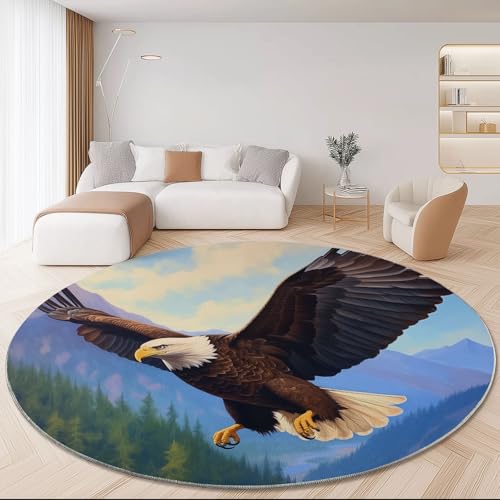 Generisch Waschbar Runder Teppich 160 cm, Blau Weich Kurzflor Runde Teppiche für Schlafzimmer Eingang Schmücken - Natur Vögel Adler Muster rutschfest Pflegeleicht Teppich von Generisch