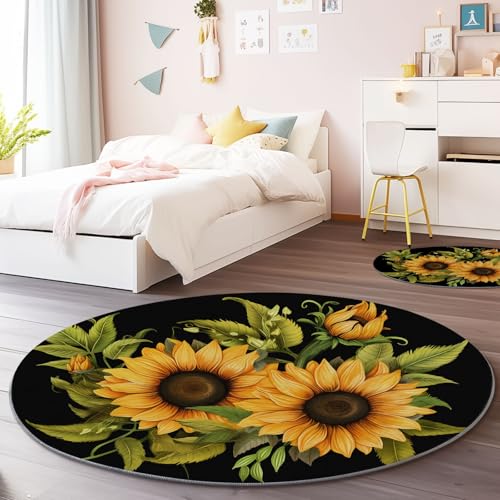 Generisch Waschbar Runder Teppich 90 cm - Rustikal Blumen Sonnenblume Thema rutschfest Runde Teppiche, Schwarz Gelb Flanell Kurzflor Bedruckter Teppich für Schlafzimmer Kinderzimmer Eingang von Generisch