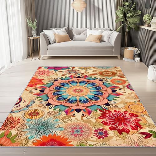 Generisch Waschbar Teppich 80 x 150 cm, Vintage Mandala Blumen Muster Weicher Rutschfester Teppiche, Hellbraun Farbecht Kurzflor Teppich Dekoration für Schlafzimmer Esszimmer Wohnzimmer von Generisch
