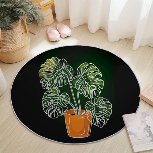 Generisch Waschbare Runde Teppiche 180 cm, Cartoon Blumentopf Monstera Muster Rutschfester Runder Kurzflor Teppich, Schwarz, für das Wohnzimmer Schlafzimmer Studie Heimbüro von Generisch