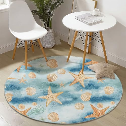 Generisch Waschbare Runde Teppiche 90 cm, Sea View Seesterne Muscheln Muster Rutschfester Runder Kurzflor Teppich, Blau, für das Wohnzimmer Schlafzimmer Studie Heimbüro von Generisch